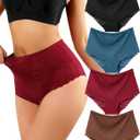 LEVAO Women's High Waist Lace Underwear, Soft Floral Lace Briefs with Full Coverage Panties for Women 4-Pack (Black,blue,burgundy,brown)