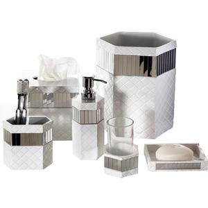 Creative Scents Quilted Mirror White Bathroom Accessories Set - Decorative 6 Piece Bathroom Set Includes: Trash Can, Tissue Box Cover, Soap Dispenser, Toothbrush Holder, Tumbler & Soap Dish