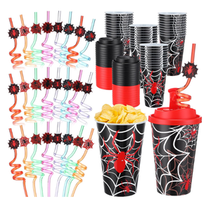 Yungyan 24 Sets Spider Party Favors Goodie Cups with Lids and Straws for Halloween Party Decorations Reusable 16oz Plastic Candy Cups Plastic Straws for Birthday Gift (Spider)