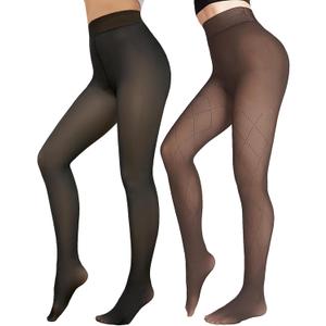 Fleece Lined Tights Sheer Women - Fake Translucent Warm Pantyhose Leggings Sheer Thick Tights for Winter (Medium, Black+brown Stripe)