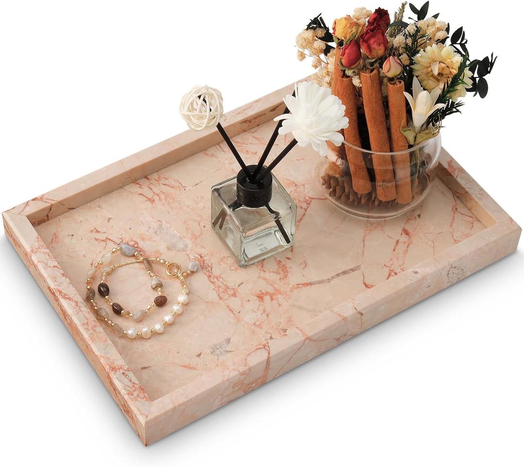 Marble Bathroom Tray,Pure Natural Vanity Tray,Marble Trays for Kitchen Counter Non-Ceramic/Non-Resin,Stone Tray 12 x 8 inch (Pink)