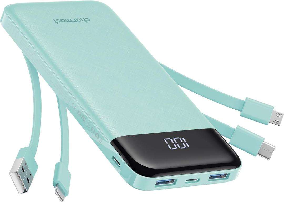 Portable Charger with Built in Cables, Portable Charger with Cords Wires Slim 10000mAh Travel Battery Pack 6 Outputs 3 Inputs 3A Fast Charging Power Bank for Samsung Google Pixel LG Moto iPhone iPad (Qing)