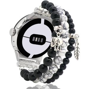 C&L Accessories Compatible with Google Pixel Watch/Pixel Watch 2 Band/Pixel Watch 3 41mm Band Beaded Gemstone Bracelet (Black Agate/White)