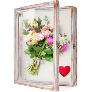 TJ.MOREE Flowers Shadow Box Display Case 13 x 16 Vintage Large Shadow Box Frame with Glass Window Door Farmhouse Deep Picture Frame Wedding Bouquet Memorabilia Photos Memory Box - White Pink (13x16)