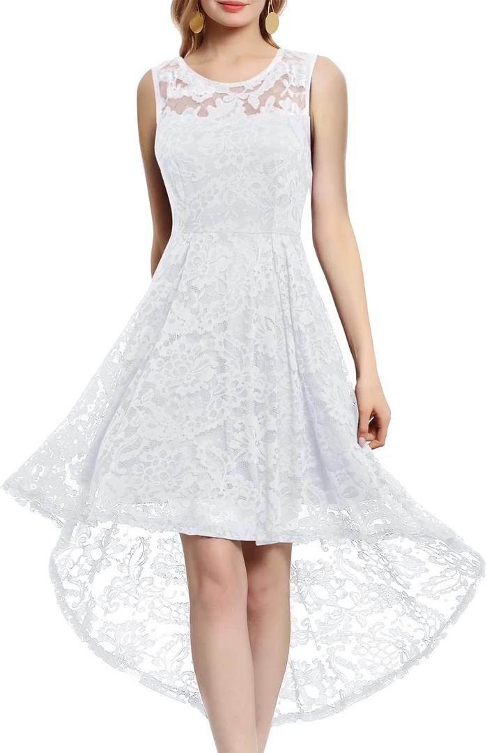 MUADRESS Women's Elegant Floral Lace Dress Sleeveless Crew Neck Hi-Lo Cocktail Dress for Evening Party (Medium)