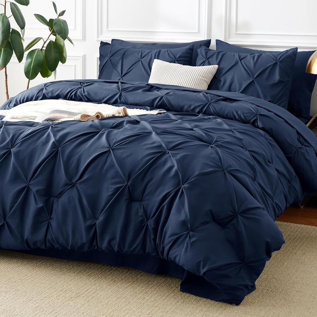 CozyLux California King Comforter Set Navy Blue  7 Pieces Cal King Pintuck Bed in A Bag Gift for Family, Pinch Pleat Bedding Sets with All Season Comforter, Sheets, Pillowcases & Shams