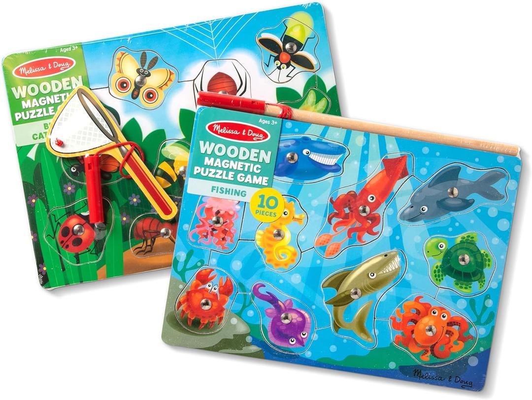Melissa & Doug Magnetic Wooden Puzzle Game Set: Fishing and Bug Catching
