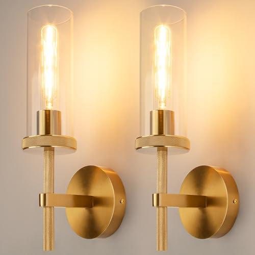 Micstar 15" Knurled Gold Hardwired Wall Sconces Set of 2, Bathroom Vanity Light Fixtures with Clear Glass Tube, Modern Lamp Lighting for Bedroom, Living Room, Hallway, Staircase, Mirror, Kitchen