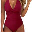 SUUKSESS Women Sexy Tummy Control One Piece Swimsuits Halter Push Up Bathing Suits (Medium, #1 Classic Wine Red)