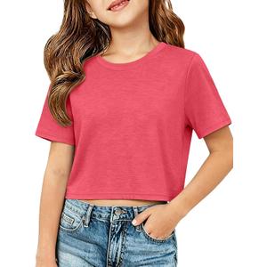ZDC Girls Short Sleeve Crop Tops Kids Casual Crewneck T-Shirts Basic Tees 5-14 Years