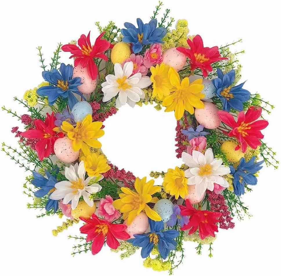 18 Inch Artificial Easter Wreath, Colorful Floral Easter Wreath&Egg Decor,Home Decor for Table, Mantel, Indoor Spring Decor