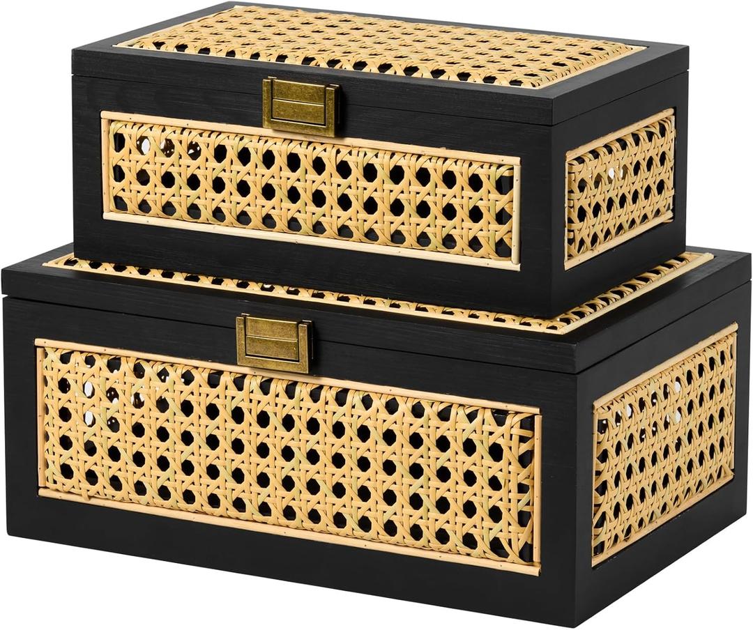 2PCS Rattan Storage Boxes Decorative Handmade Natural Wood Baskets with Lid Wooden Frame Boho Rustic Wicker Box Woven Cane Bins Shelf Closet Organizer Container (Black, 1 Large 1 Small)