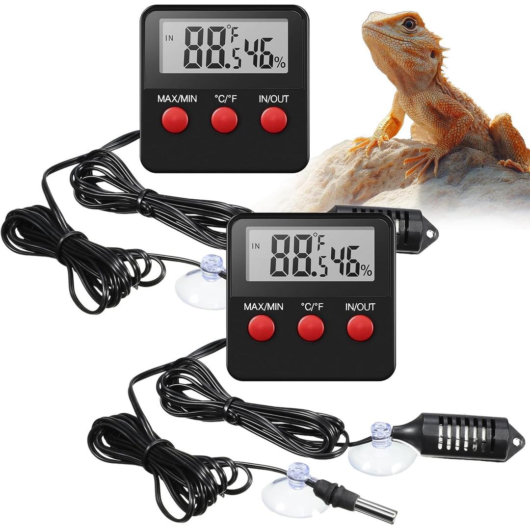 Weewooday 2 Pcs Reptile Thermometer and Humidity Gauge Reptile Terrarium Thermometer Hygrometer with Probes Indoor Outdoor Digital Pet Temperature and Hygrometer Gauge for Pet Keeping