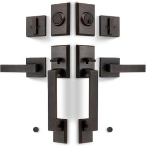 Double Front Door Lock Set, Keyed Entry Front Door Handleset with Dummy, Square Heavy Duty Door Lever and Single Cylinder Deadbolt Combo, Oil Rubbed Bronze