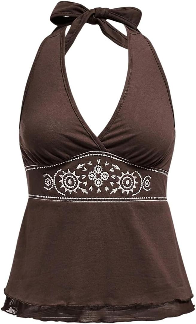 SOLY HUX Women's Y2K Halter Crop Top Floral Deep V Neck Tie Back Tank Tops Sleeveless Going Out Flowy Shirts (Large, Coffee Brown)