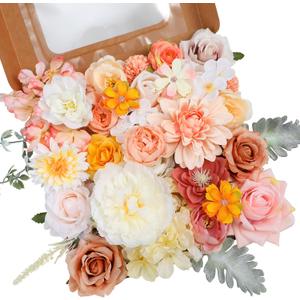 Artificial Flowers Combo, Mix Silk Flowers Roses, Peonies, Dahlias with Stems for DIY Wedding Bridal Bouquet, Baby Shower, Table Centerpieces, Home Decor, Floral Arrangements-Champagne Powder