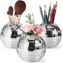 1 Pcs 4 Inch Disco Ball Pencil Pen Holder for Desk Decor Sequin Plastic Makeup Brush Organizer Disco Flower Vase Silver Table Centerpieces for Office Home Classroom Party