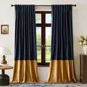 BULBUL Velvet Curtains 96 inches Long for Living Room Navy Blue Gold, 2 Panels Blackout Curtains Modern Color Block Back Tab Rod Pocket Soundproof Drapes for Bedroom Window Decor