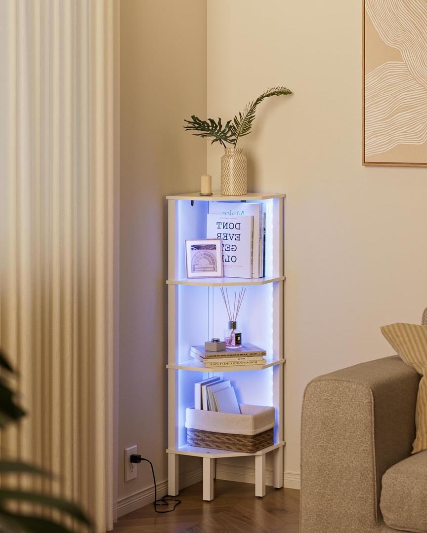 Corner Shelf, 4 Tier Corner Bookshelf with LED Light,Wall Display Corner Shelf Stand with Storage Rack for Living Room, Bedroom, Office, White