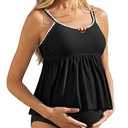 Summer Mae Maternity Two Piece Swimsuit Tankini Ruffle Hem Bathing Suit Shell Stitched Bead Boho Pregnancy Swimwear for Beach Black 12