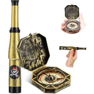 Gejoy 2 Pcs Pirate Telescope and Compass for Kids Adults Retro Mini Plastic Toy for Pirate Theme Party Halloween Cosplay Supplies