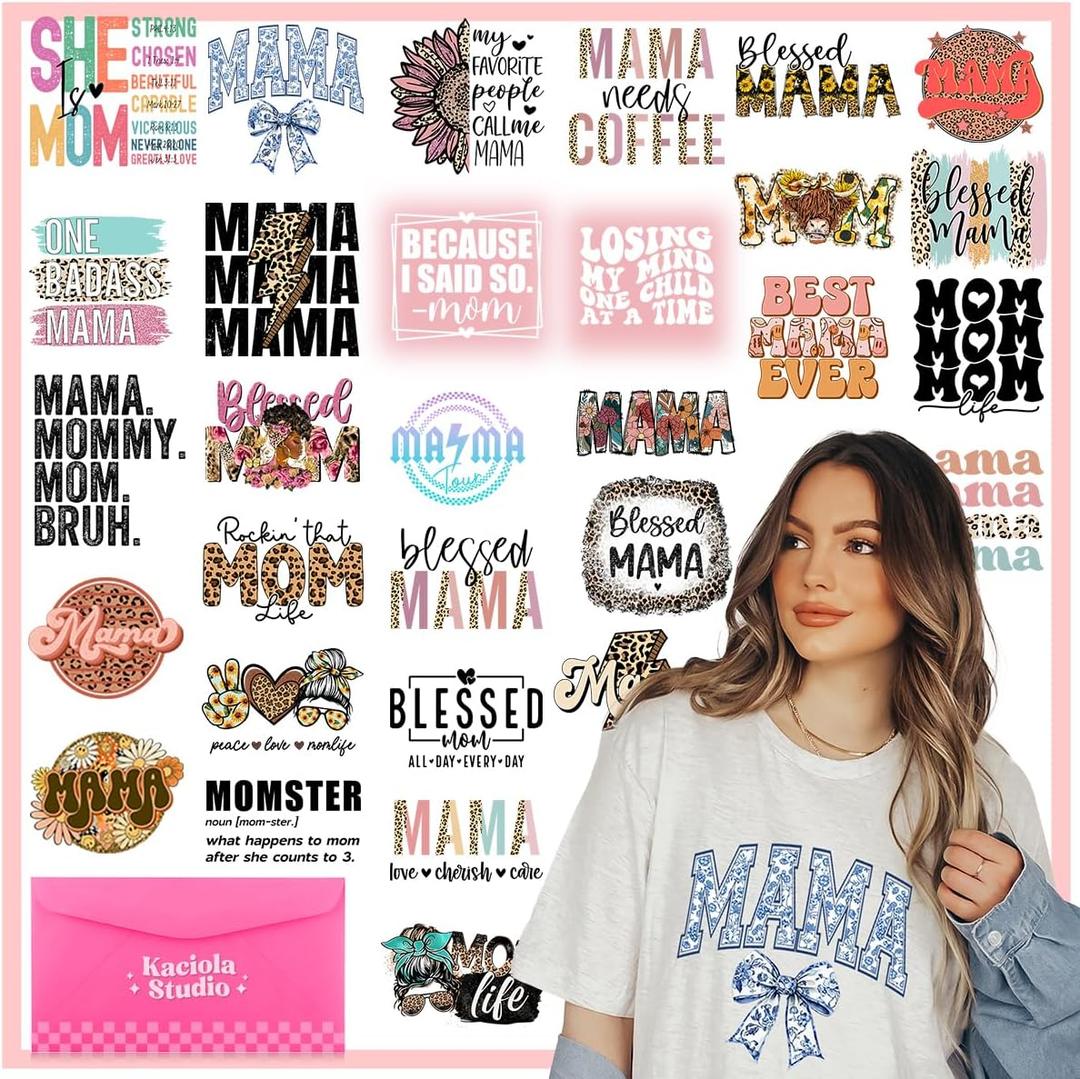 Kaciola 30 Sheets Mama DTF Transfers Ready to Press, Blessed Mama Iron on Transfers Stickers Mom Iron on Decals for T Shirts Hoodie DIY Crafts (Size 6in to 9in)