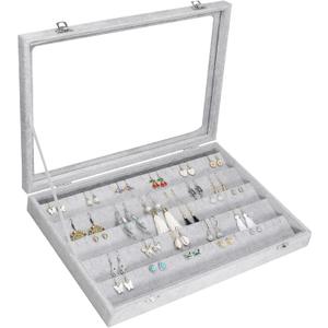 Earring Organizer Tray Velvet Earring Display Organizer Storage Box Premium 110 Slot 55 Pair Earring Display Organizer with Transparent Glass Cover Suitable for Women and Girls (Grey)