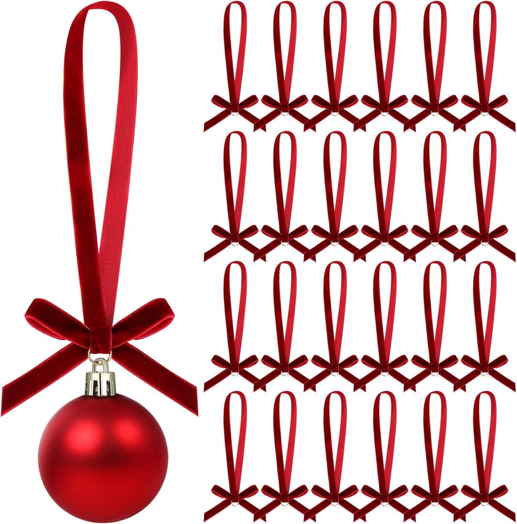 24 Pcs Velvet Christmas Mini Bow Hangers Ornaments Velvet Ribbon Bows for Christmas Tree Rustic Crafts Gift Vintage Hanging Ornaments for Home Xmas Holiday Decor