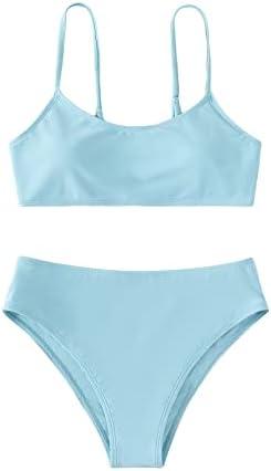 SHENHE Girl's 2 Piece High Waisted Spaghetti Strap Cute Swimsuit Bathing Suit Solid Bikini Sets 10-11