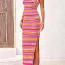 PRETTYGARDEN Womens Maxi Tank Spring Dress Sleeveless Crew Neck Striped Side Slit Casual Long Bodycon Dresses (Pink, XL)