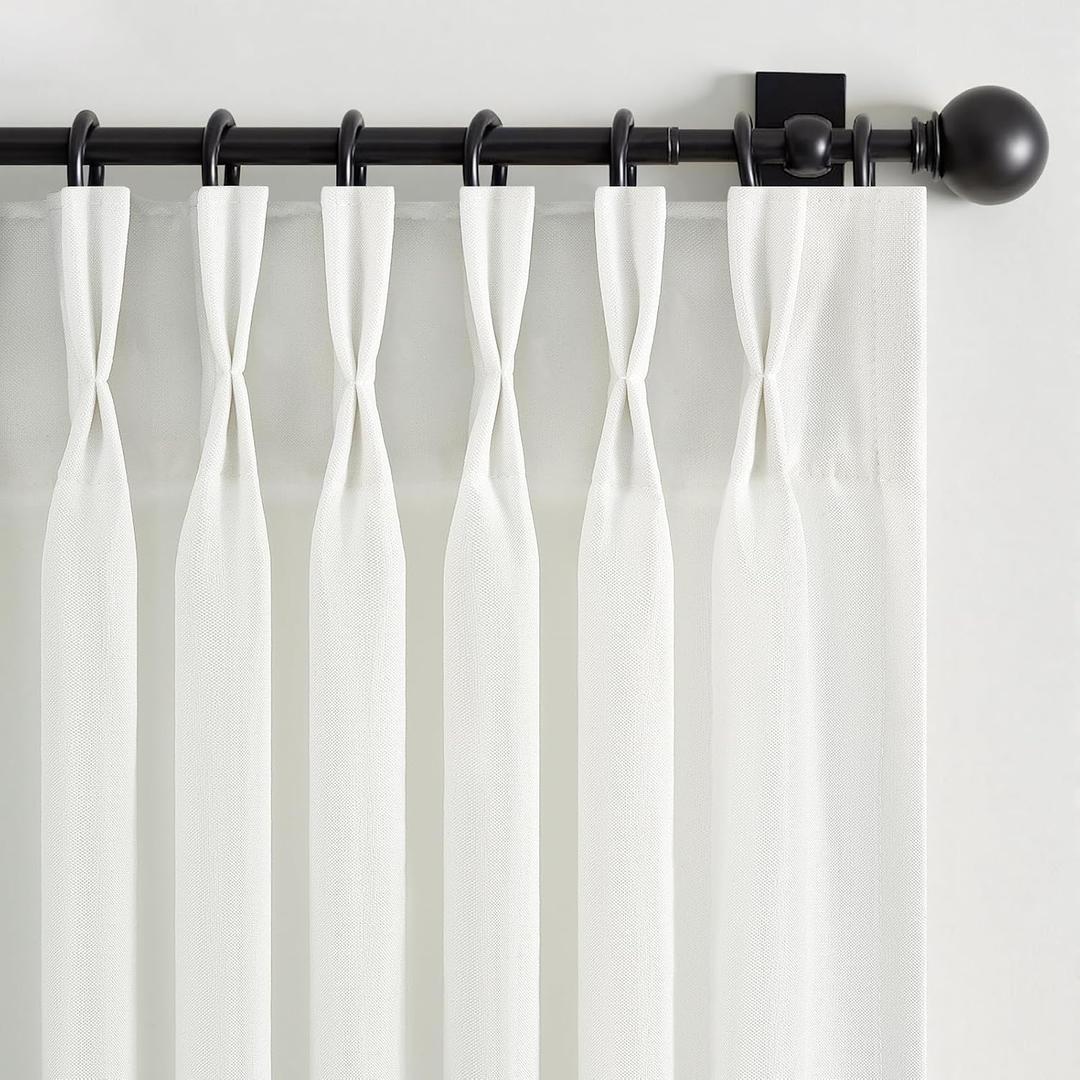 Beige White Pinch Pleated Linen Curtains 96 Inch Length 2 Panels for Bedroom Living Room Textured Semi Sheer Window Curtain Boho Neutral Back Tab Pinch Pleat Drape with Hooks 96 Inches Long
