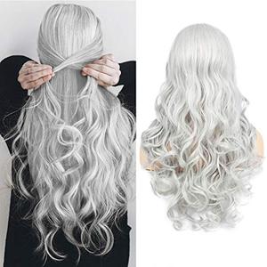 Sallcks Women's Long Curly Wavy Silver Gray Wigs Cosplay Costume Halloween Wigs Synthetic Middle Parting Replacement Wig