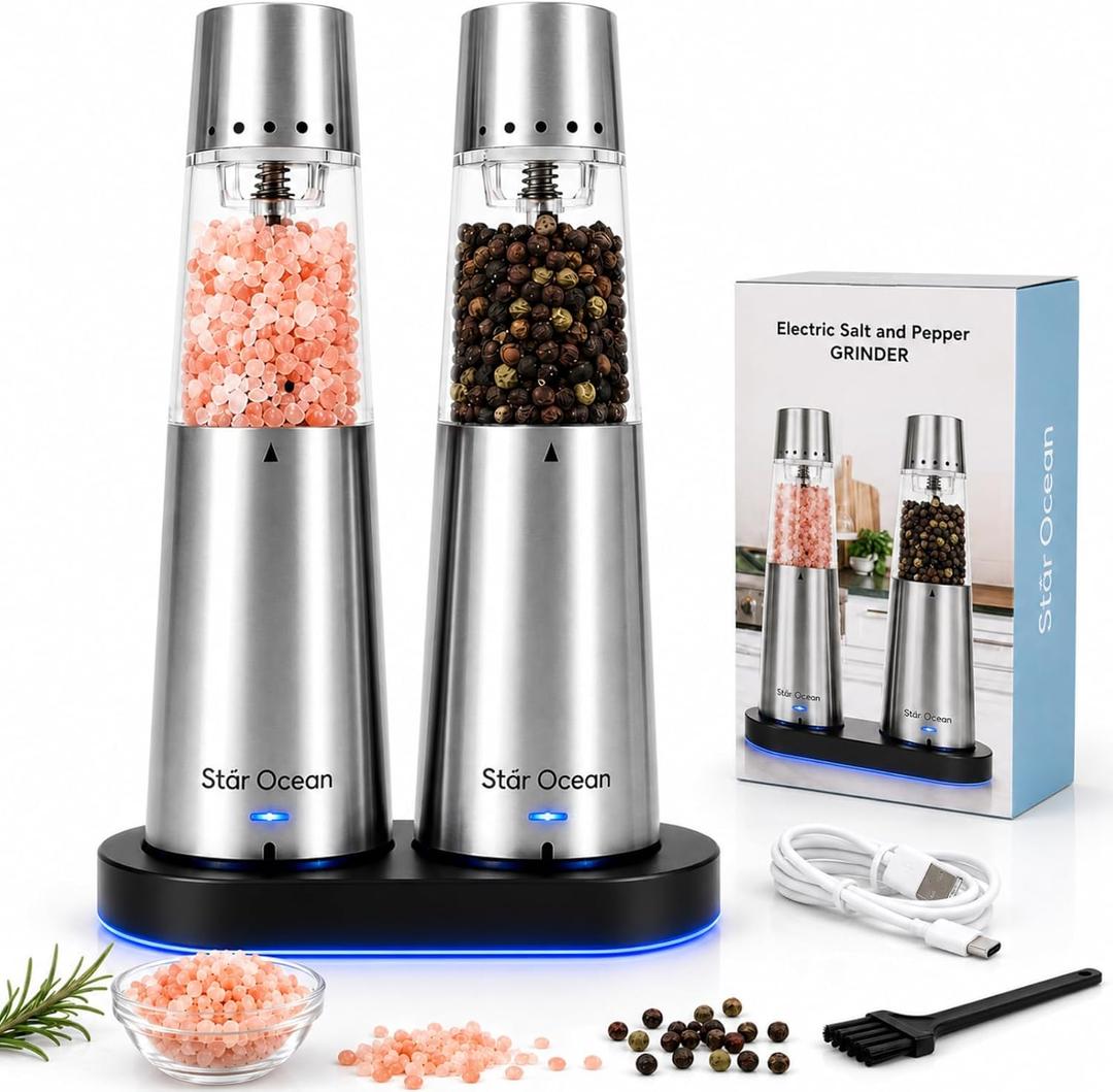 StarOcean Rechargeable Electric Salt and Pepper Grinder Set with USB-C Charging Base, Stainless Steel Automatic Gravity Grinders, 5 Adjustable Coarseness, Kitchen Gift