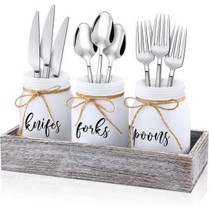 4 Pcs Silverware Utensil Holder Mason Jar with Wooden Utensil Organizer for Kitchen Countertop Forks Spoons Knives Storage White Farmhouse Kitchen Caddy Glass Cooking Decor for Party