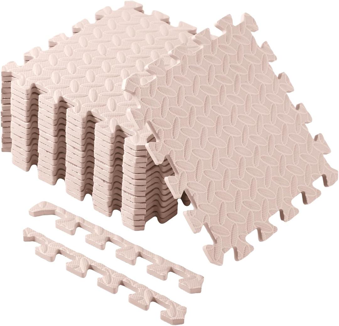 Shihanee 16 Pcs Foam Floor Baby Tiles 11.81 x 11.81 inches Foam Floor Mats Play Mats Bulk with Borders Interlocking for Kids Baby Playroom Nursery GymBeige
