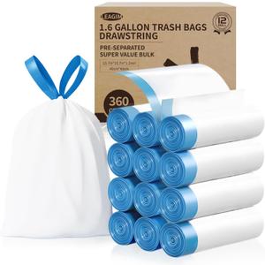 Small Trash Bags 1.6 Gallon, 360 Count -1.2 Mil Drawstring Mini Garbage Bags, White Plastic Trash Can Liners for Bathroom Accessories, 6 Liter, Bedroom, Dorm Room Essentials, Office