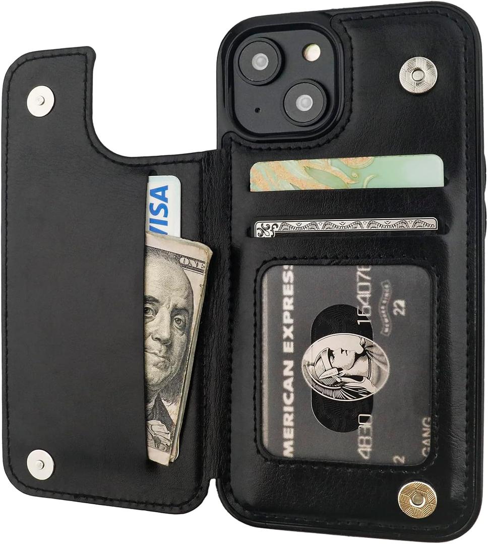 ONETOP Compatible with iPhone 14 Wallet Case with Card Holder, PU Leather Kickstand Card Slots Case, Double Magnetic Clasp and Durable Shockproof Cover 6.1 Inch (Black)