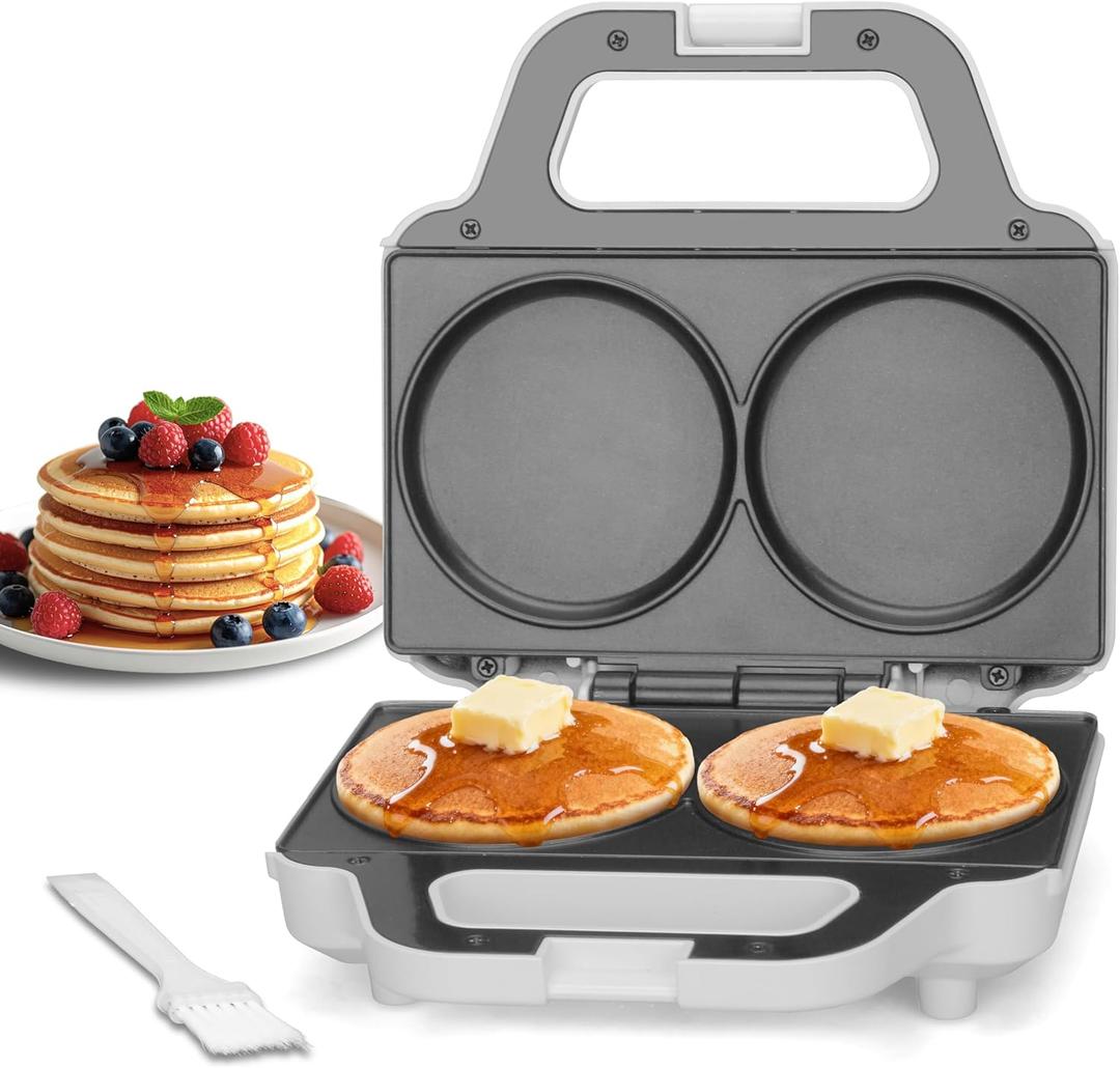 Double Mini Pancakes Maker Machine, Arepa Maker, Electric Pancake Maker Griddle, Ideal for Pancakes, Cookies, Eggs, Arepas & Breakfast Sandwiches, White, 4 Inch