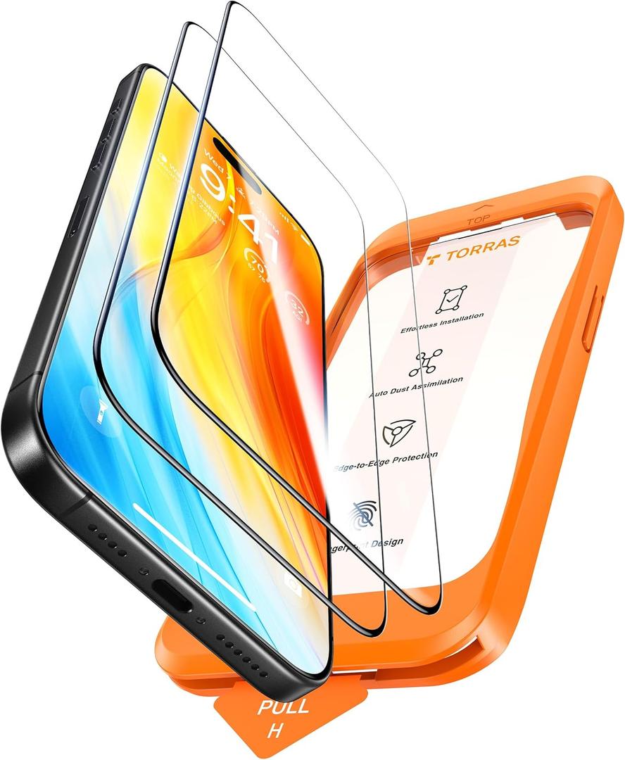 TORRAS Diamond Shield for iPhone 15 Pro Screen Protector [Military-Grade Protection] 9H+ Unbreakable Shatterproof Aerospace Tempered Glass Full Coverage InstaFit Bubble-Free, 2-Pack