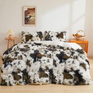 XeGe Cow Print Fluffy Faux Fur Duvet Cover Set, 2 Pieces Soft Plush Shaggy Fuzzy Bedding Set(1 Faux Fur Animal Print Comforter Cover + 1 Furry Pillowcase), Zipper Closure(Twin, Cow Print Brown)