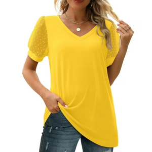 Aokosor Womens Summer Tops V Neck T Shirts Swiss Dot Puff Sleeve Tops Loose Casual T-shirt L
