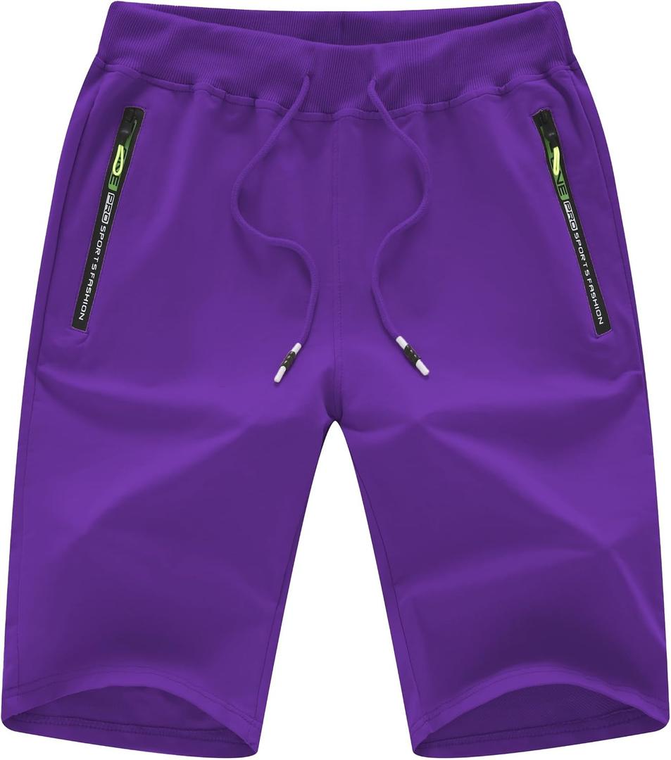 Chrisuno Men's Shorts Elastic Waist Athletic Sweat Shorts with Zipper Pockets (Purple, S)