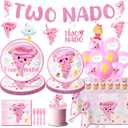 132PCS Pink Tornado Party Supplies Birthday Decorations for Girls Tornado 2nd Disposable Plates Napkins Set, Banner, Hanging Swirls, Tablecloth, Cake Topper, Balloon,Tornado 2nd 2 Year Old Baby Shower