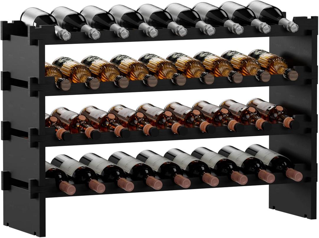 Wine Rack Freestanding Floor, Wooden Stackable Bottle Storage Rack for Kitchen,Cellar. 36 Bottles Wine Holder Display Shelves for Champagne(Black) (33.5*10*21)