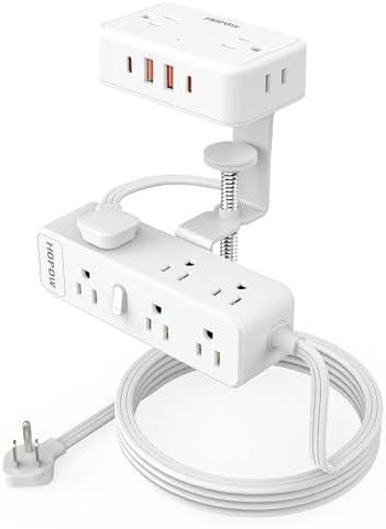 HOPOW Dual Layer Desk Clamp Power Strip, White Desktop Edge Mount Charging Station with 13 Outlets 4 USB Ports (2 USB C), Under Desk Surge Protector(1700 Joules), 10 Ft Extension Cord for Office