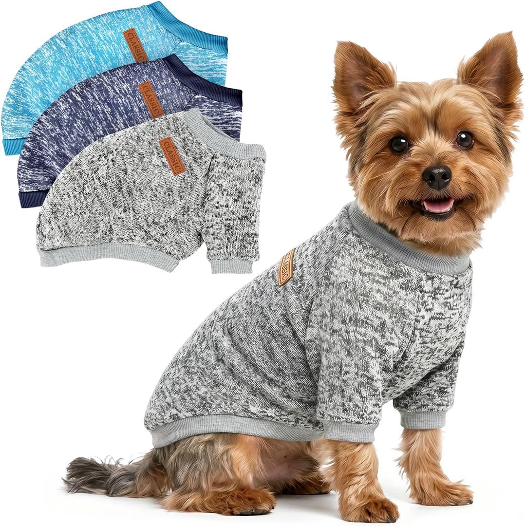 3 Pack Dog Sweaters for Small Dogs Girl Boy Winter Fleece Clothes Warm Soft Dog Sweatshirt Outfit for Dogs Cats Pet Apparel (M (Back: 13.7", Chest: 17.7", 10-14 lbs), Navy Blue+Grey+Light Blue)