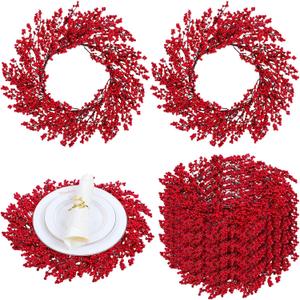 Christmas Placemats Set of 4 Round Red Berry Place Mats 16 Inch Artificial Berry Wreath Placemats Artificial Xmas Thermal Insulation Dining Table Mat for Xmas Winter Party Dining Decorations