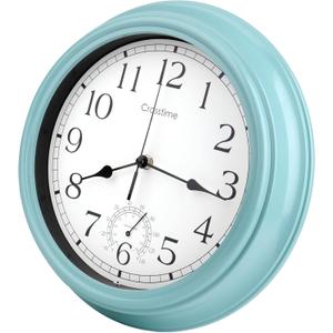 12 Inch Outdoor Clock Waterproof with Thermometer,Vintage Indoor Outdoor Wall Clocks for Patio,Pool,Garden,Home Decor-Teal
