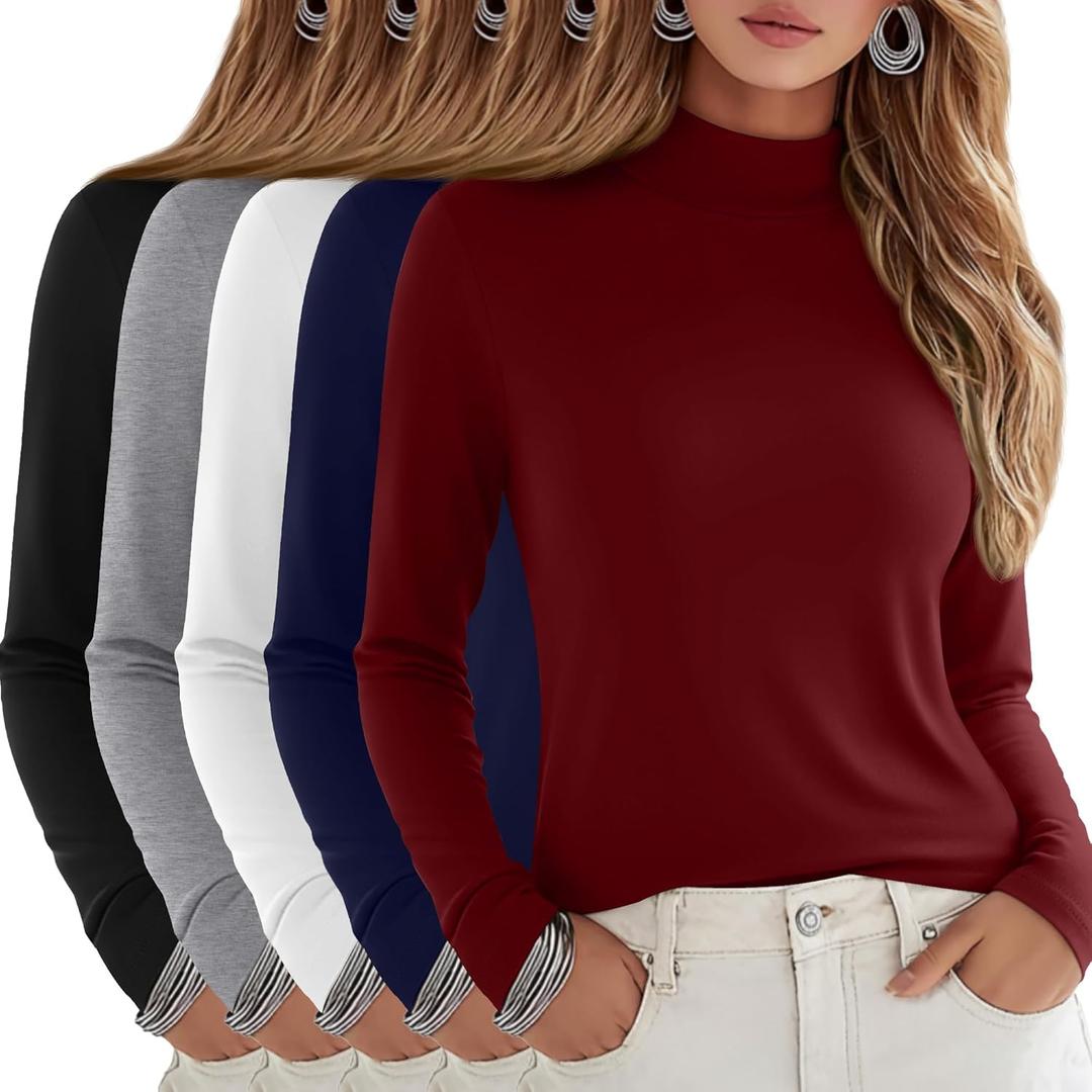5 Pack Women's Cotton Mock Turtleneck Long Sleeve T-Shirts, Basic Tops Slim Fitted Stretch Underwear Layer Tee (X-Large, Burgundy, Navy Blue, White, Light Gray, Black)
