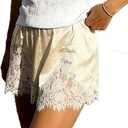 Women Silk Lace Shorts Satin Elastic Waist Lace Trim Mini Shorts Silk Patchwork Lounge Pettipants Slip Bottoms (Beige, S)